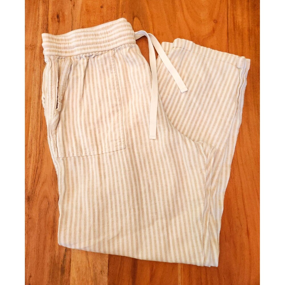 Nautica Womens Large Beige White Striped Linen Blend Drawstring Pants Beach